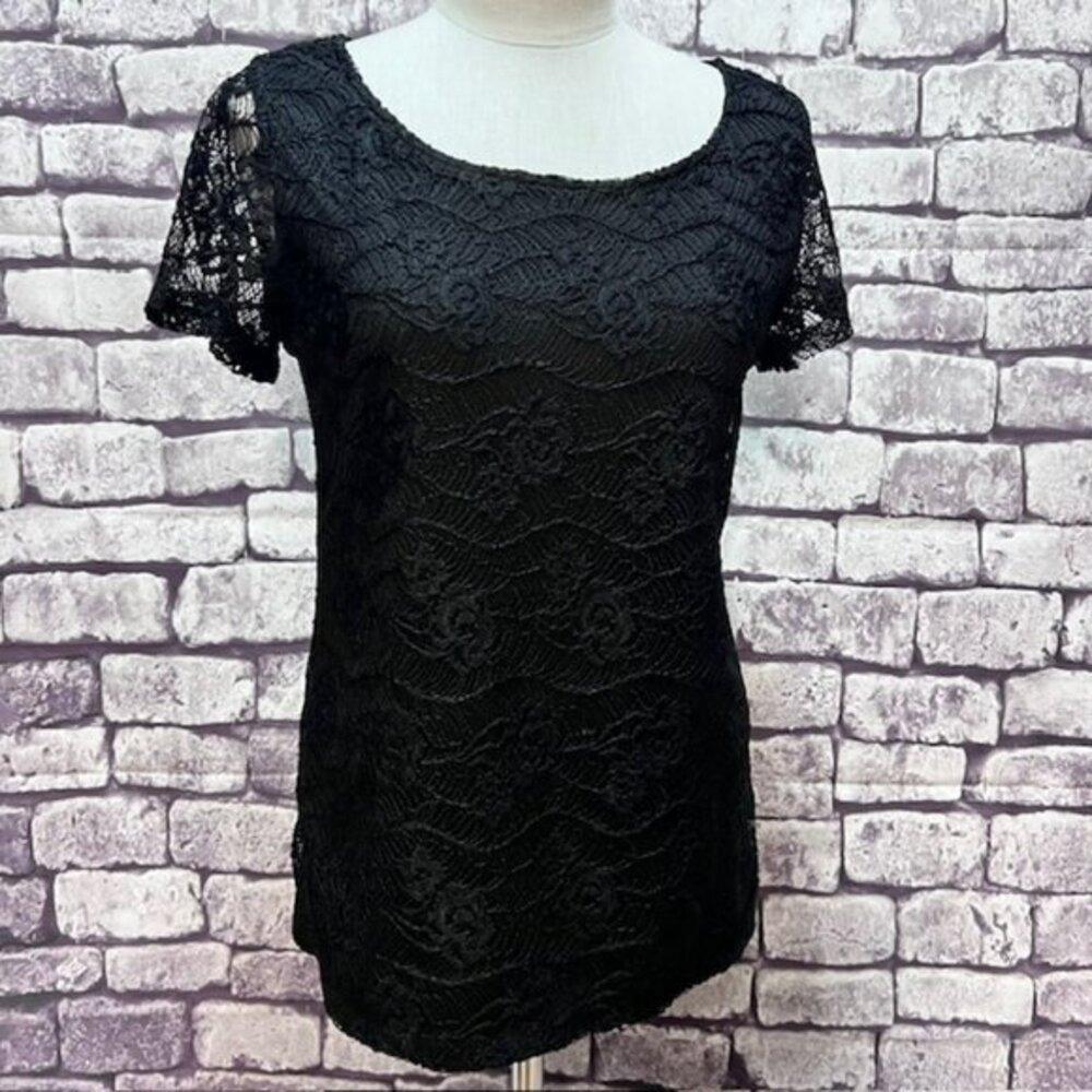 Always Indigo Black Lace Blouse Over Solid Lining Size L